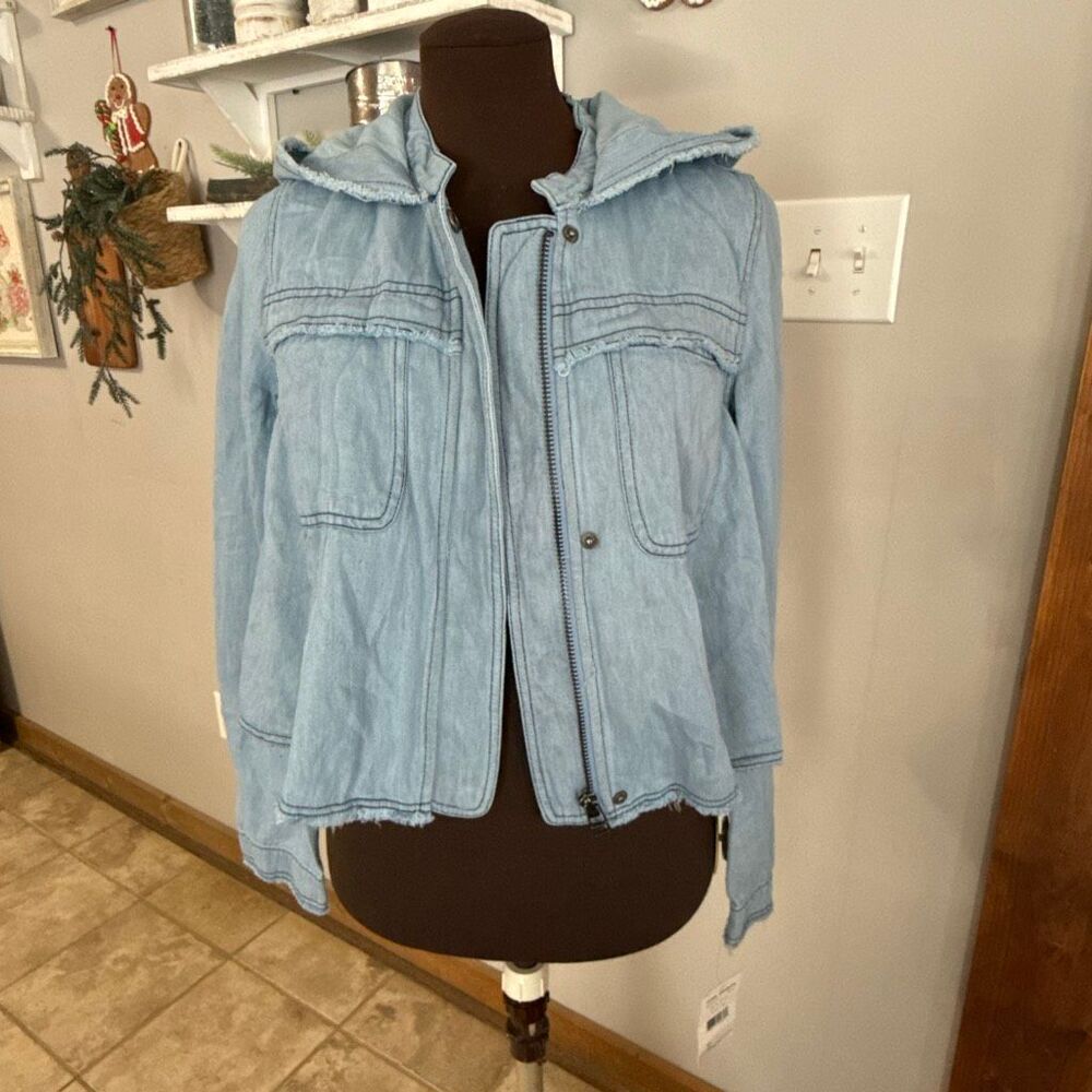 NWT Free People raw hem denim swing jacket womens size XS blue hooded hemp cotto - Picture 1 of 12